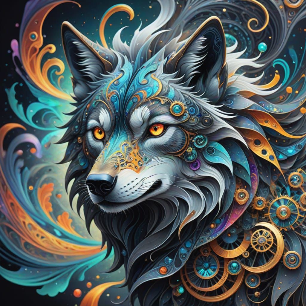 Ethereal Steampunk Wolf in Swirling Cosmic Abstraction