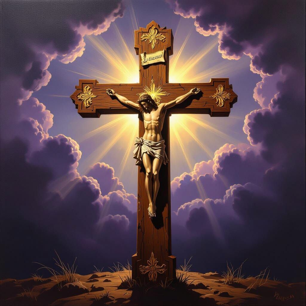 Majestic Christian Cross in Dramatic Oil Painting Style