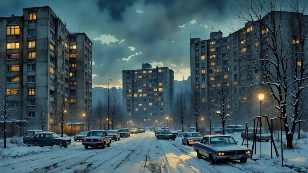 Soviet Winter Cityscape in Impressionist Style