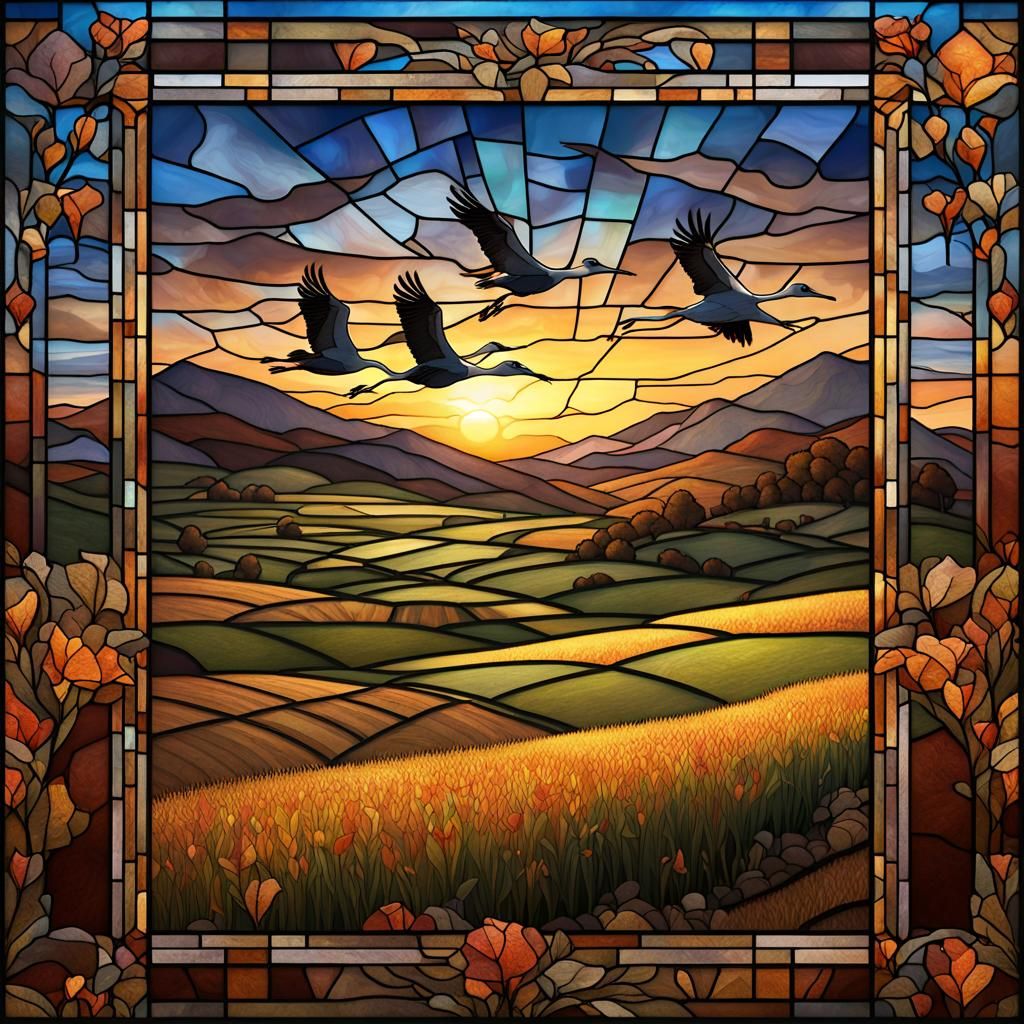Sandhill Cranes in Flight: Stained Glass Style