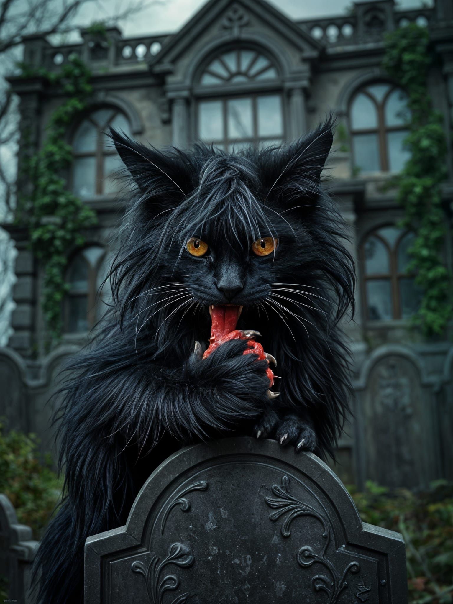 Eerie Black Cat on Tombstone Near Haunted Mansion