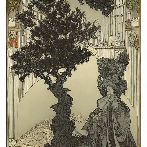16k resolution, art by Gustave Doré, Alphonse Mucha, Katsushika Hokusai. Towering Christmas tree, structured like Ancien...