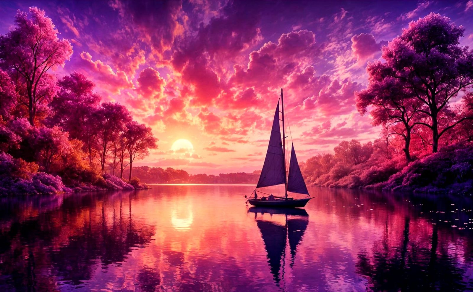 Lilac Sailboat on Lake at Golden Hour