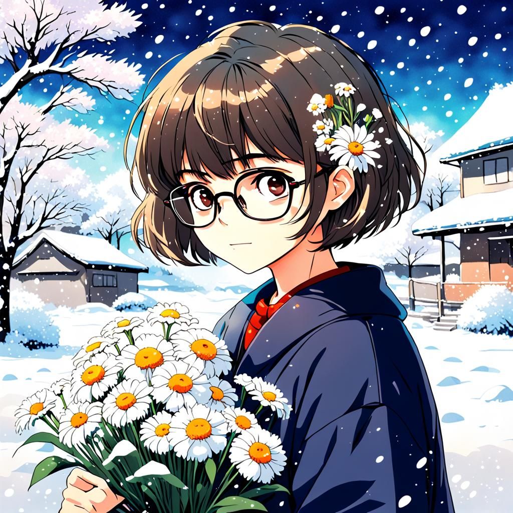 Anime Style Woman with Flowers in Snowy Scene