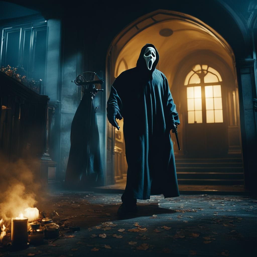 Dramatic Film Still of Ghostface