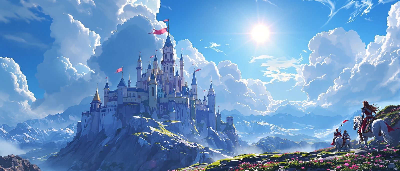 Elf Riders Approach Faery Castle in Mountain Landscape