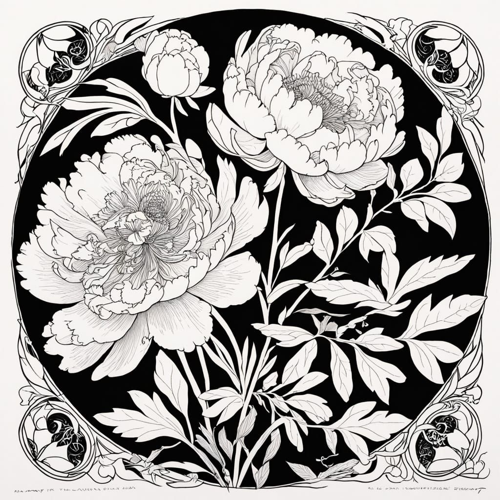 Line Drawing of a Peony in Art Nouveau Style
