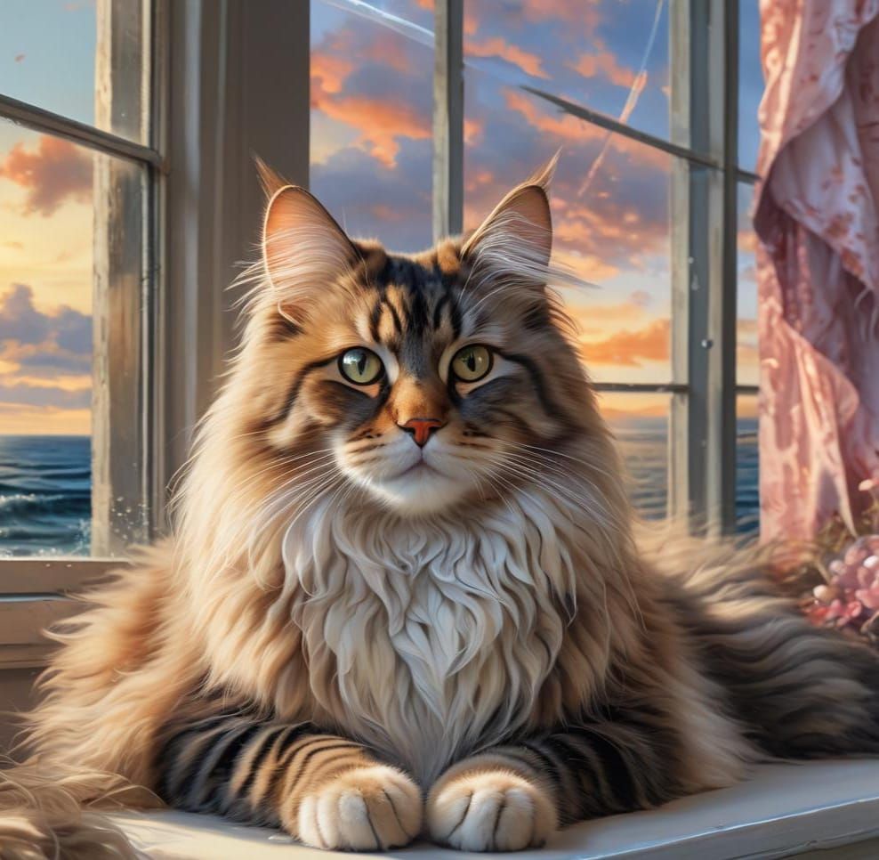 Fluffy Cat Gazing at Luminous Ocean Landscape