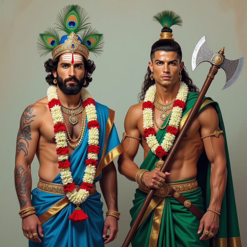 Messi and Ronaldo as Vishnu Avatars in Raja Ravi Varma Style