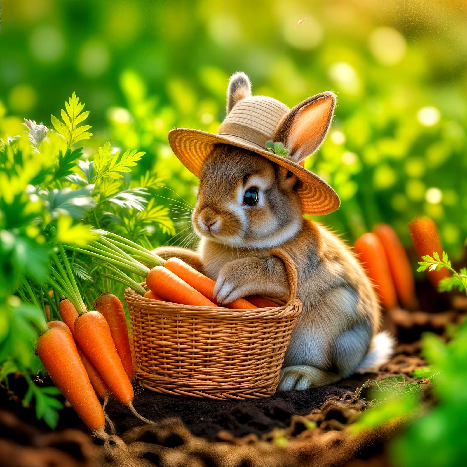 Rabbit Tending Carrots in Lush Garden