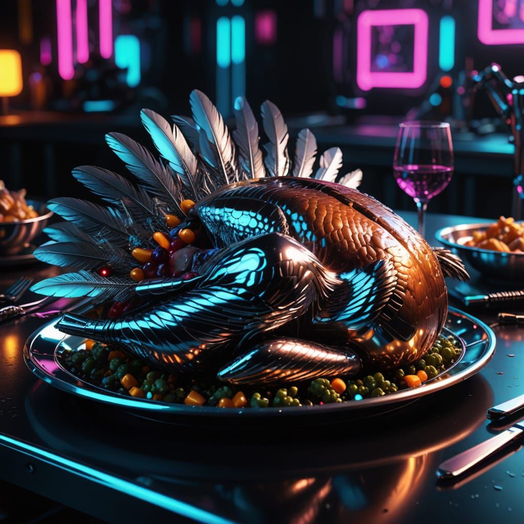 Cyberpunk Metallic Turkey Dinner Still Life