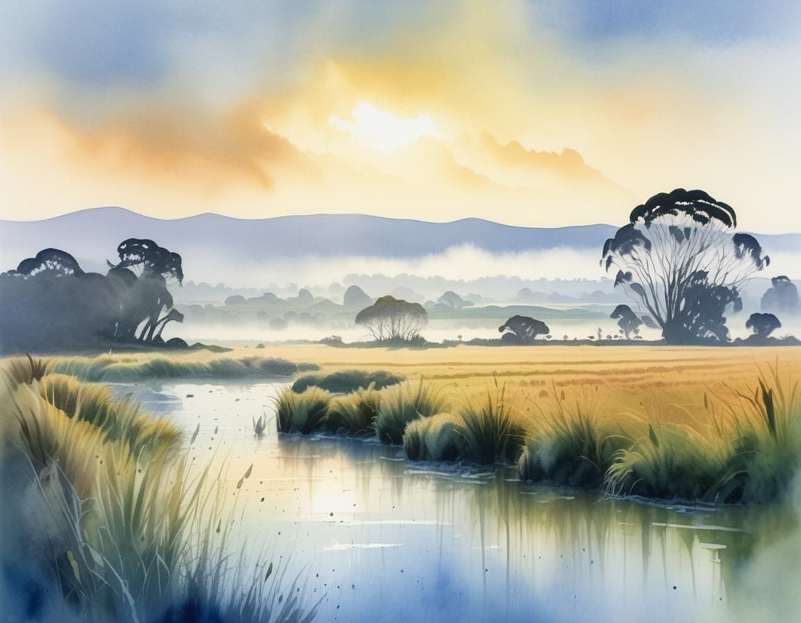 Early morning river mist ,  Hauraki Plains, New Zealand.