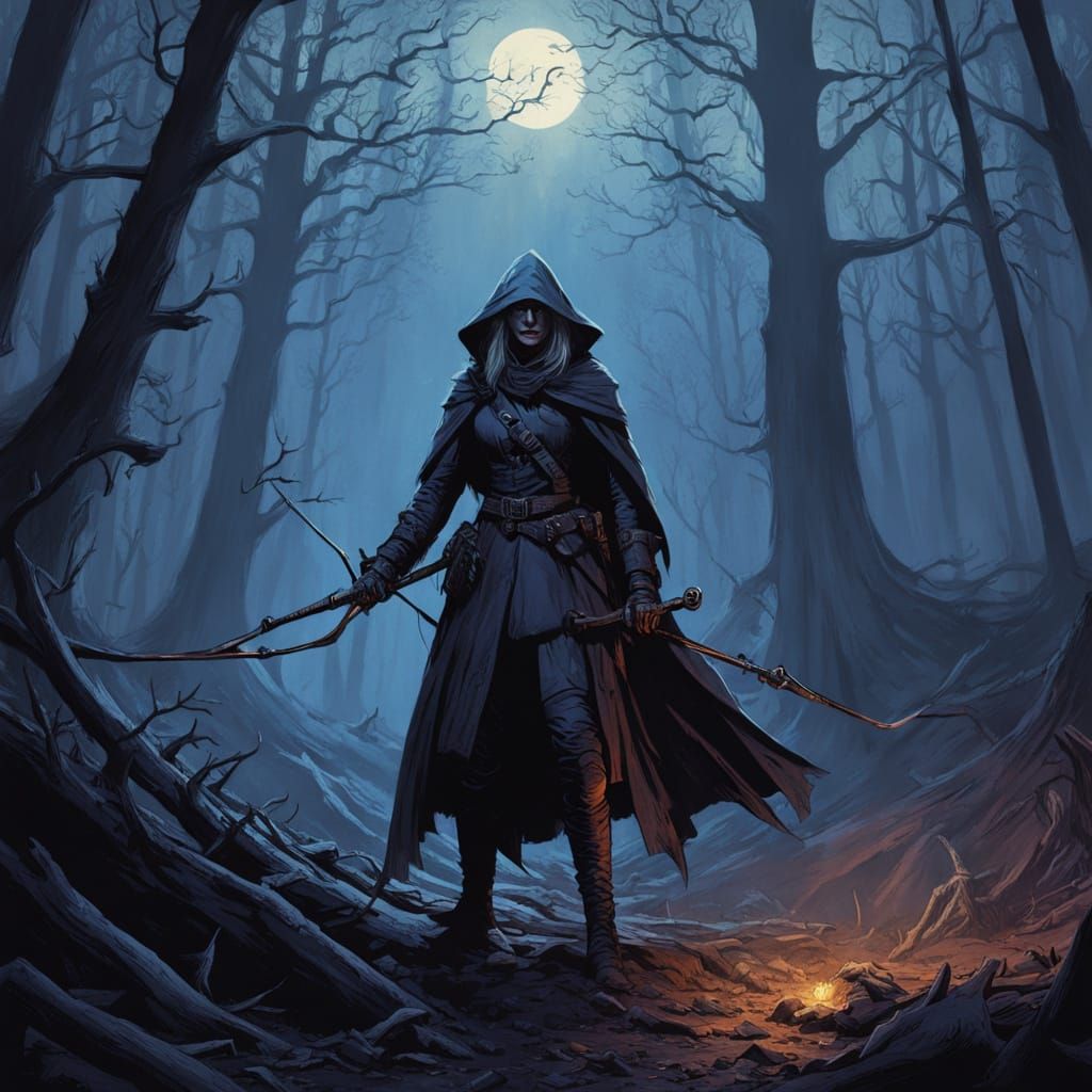 Female Witch Hunter in Dark Fantasy Forest