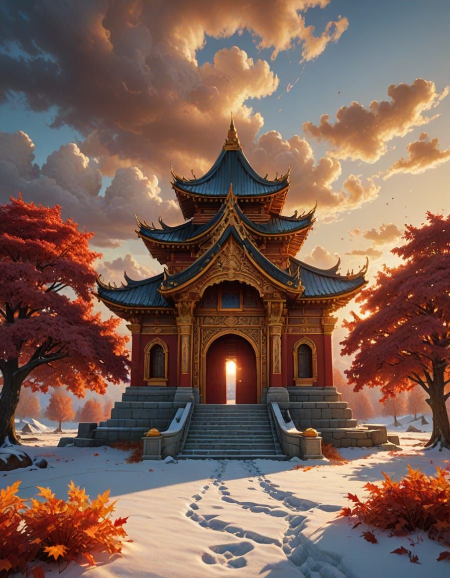 Vibrant Fantasy Temple Doorway Amidst Autumn Snowfield