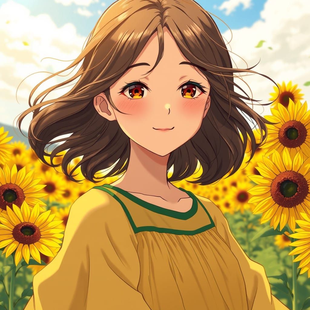 Whimsical Anime Girl Among Sunflowers
