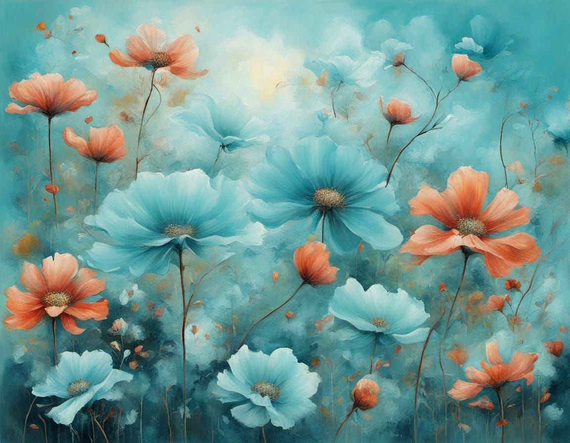 Dynamic Brass and Cyan Abstract Floral Painting