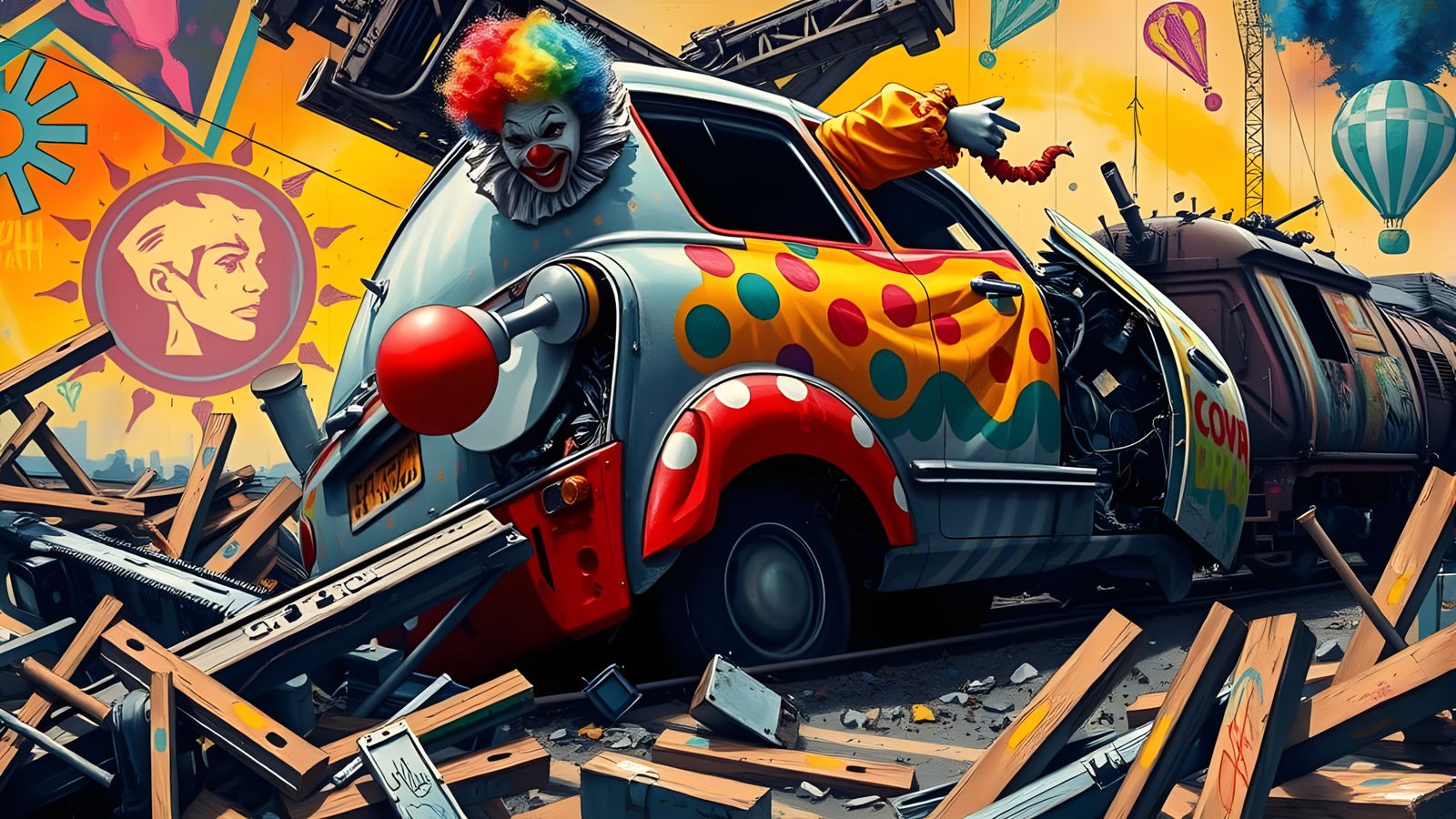 Vibrant Graffiti Train Crash in Colorful Street Art Style