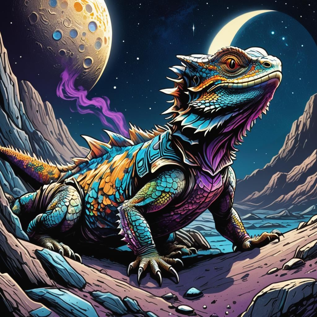 Bearded Dragon on the Moon in Comic Book Style
