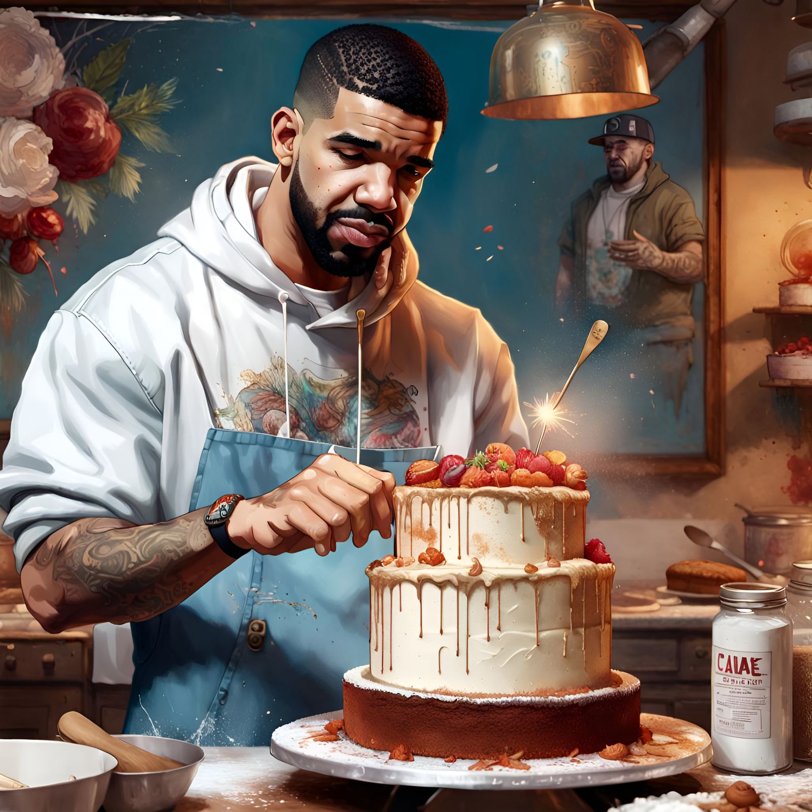 Drake Baking Cake: Digital Illustration in 8k