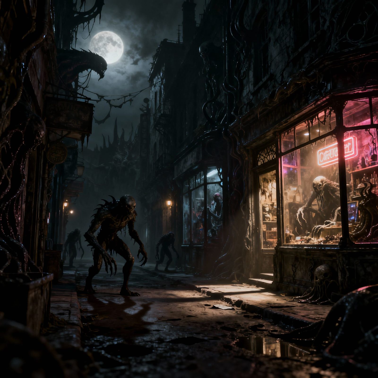 Nightmarish Street Scene with Sinister Shops and Creatures