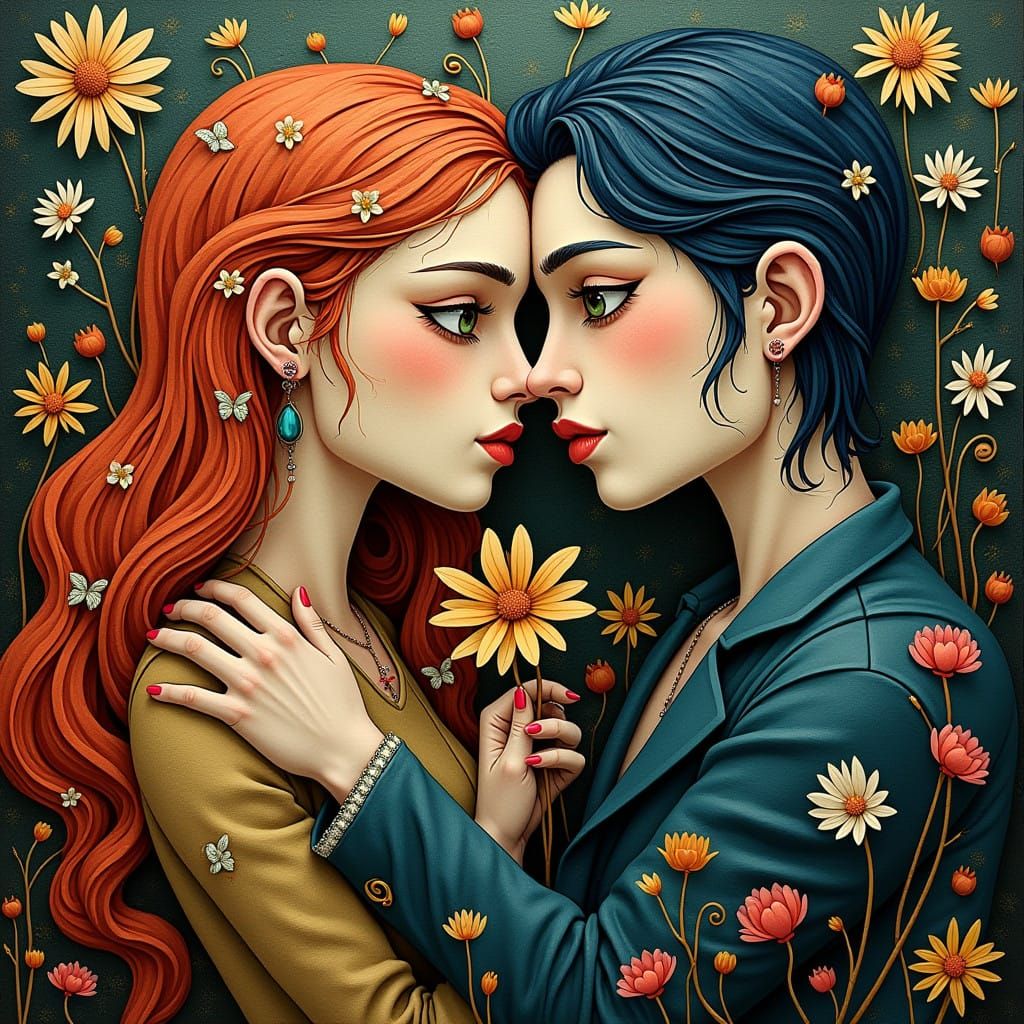 Intertwined Lovers in Vibrant Patchwork Masterpiece