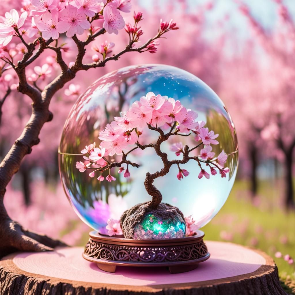Iridescent Crystal Globe with Cherry Blossom Tree