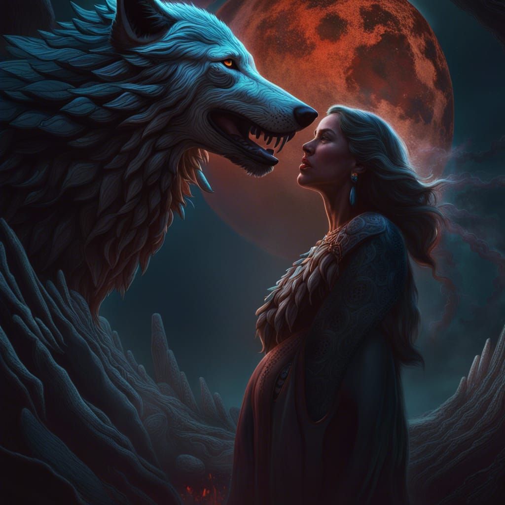 Wolf Howling with Pregnant Woman: Fantasy Concept Art