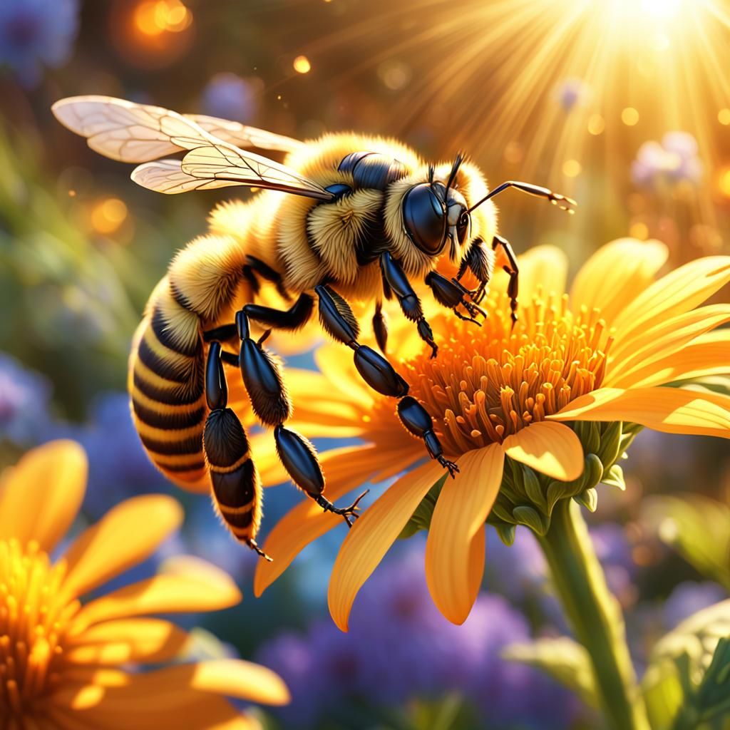 Golden Honey Bee in Sun-Drenched Fantasy Garden