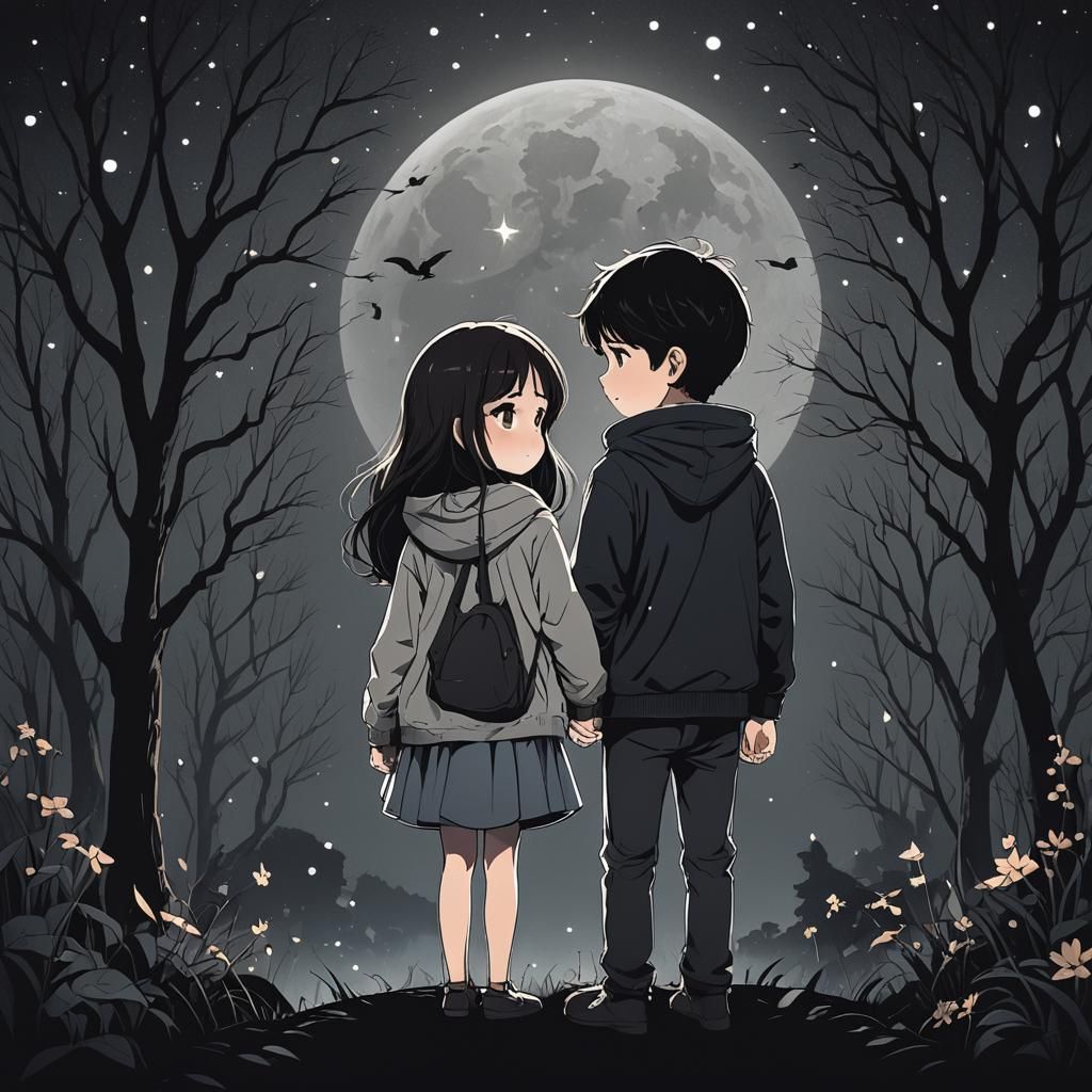 Boy and Girl in Dark Night: Design Illustration