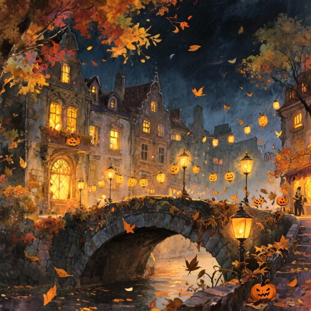 Whimsical Autumn Nightscape with Lanterns