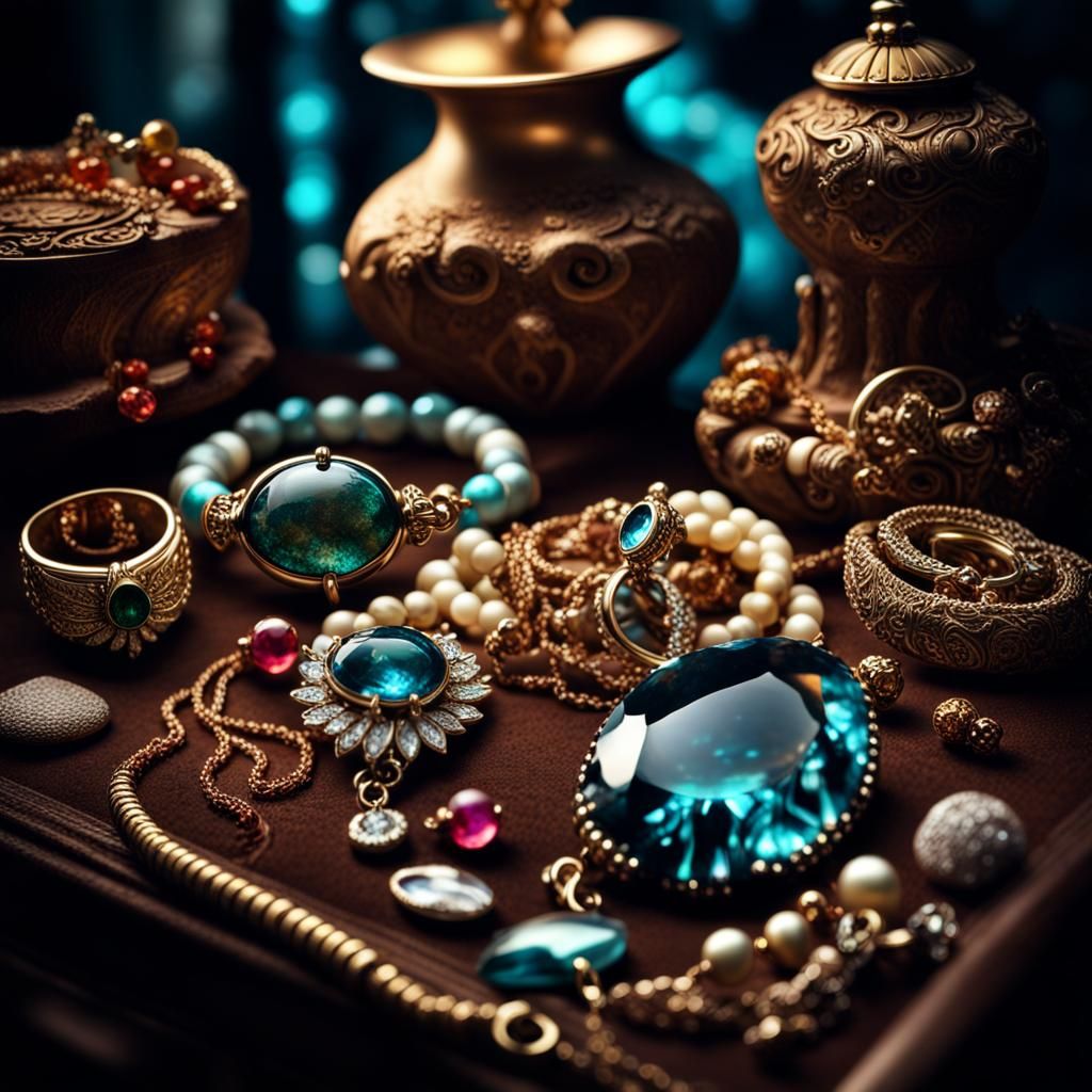 Hyperrealistic Jewelry Still Life with Glowing Aquarium