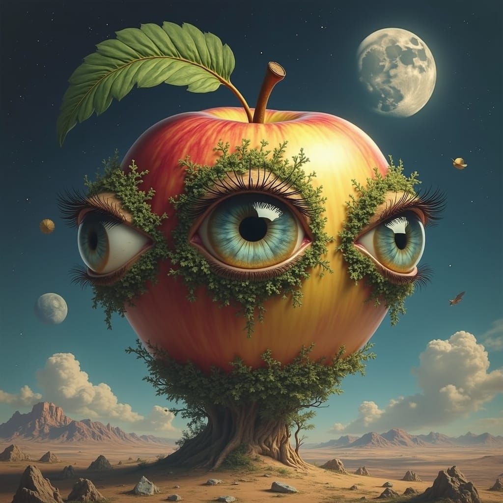 Gigantic Apple with Eyes in a Vibrant Moonscape