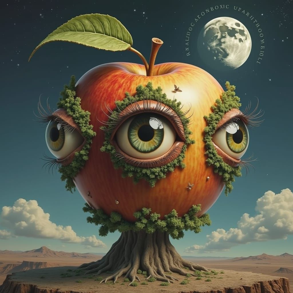 Cosmic Apple with Eyes Unveiled in Vibrant Moonscape