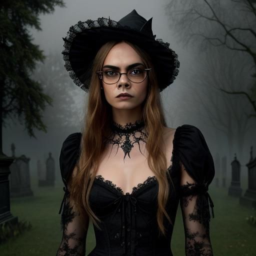Gothic Witch with Roses and Spooky Mansion