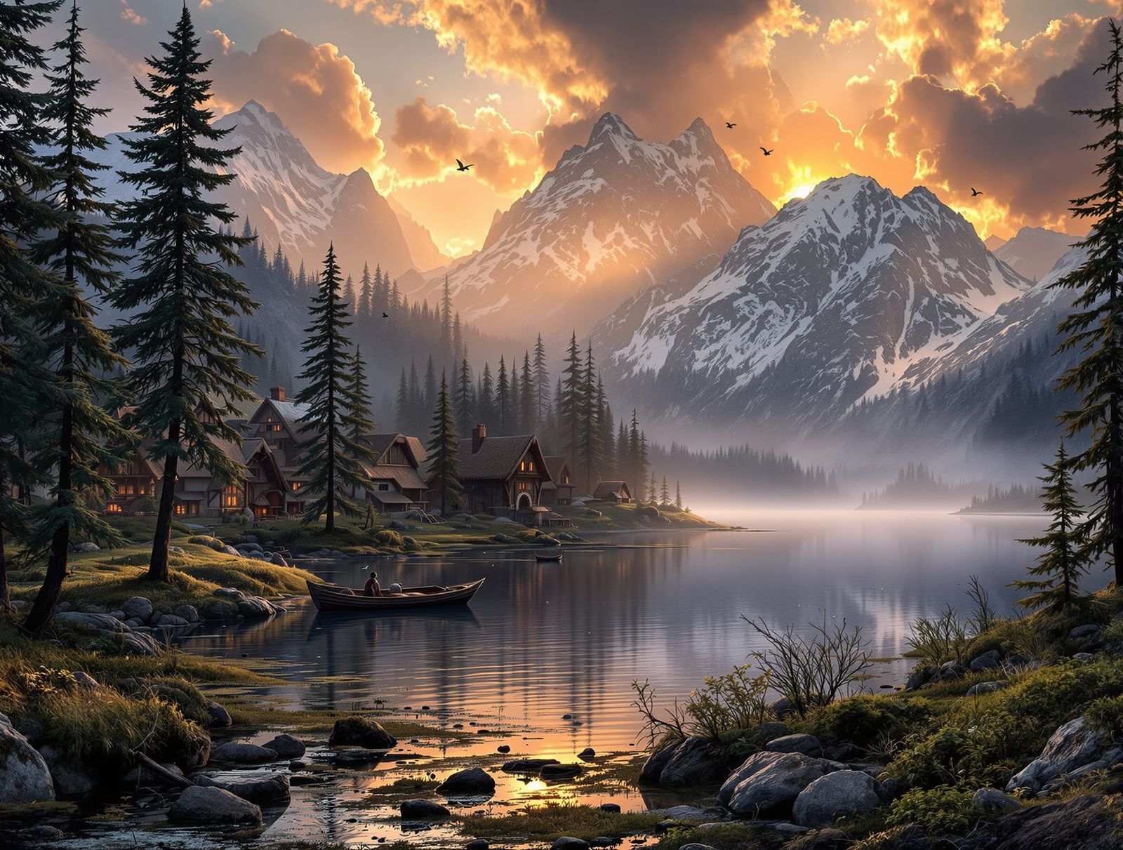 Old Norse Village Sunrise Over Highland Lake