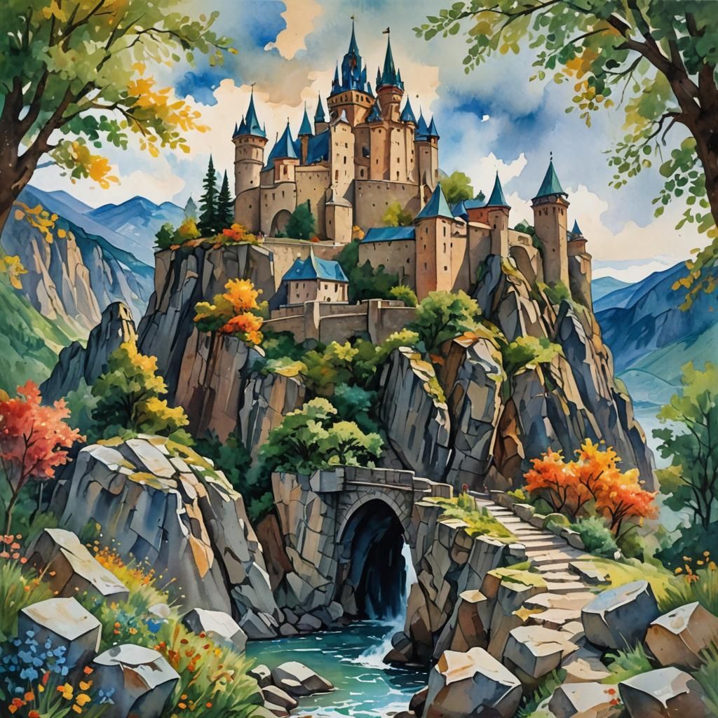 Epic Fortress in Gouache Watercolor Style