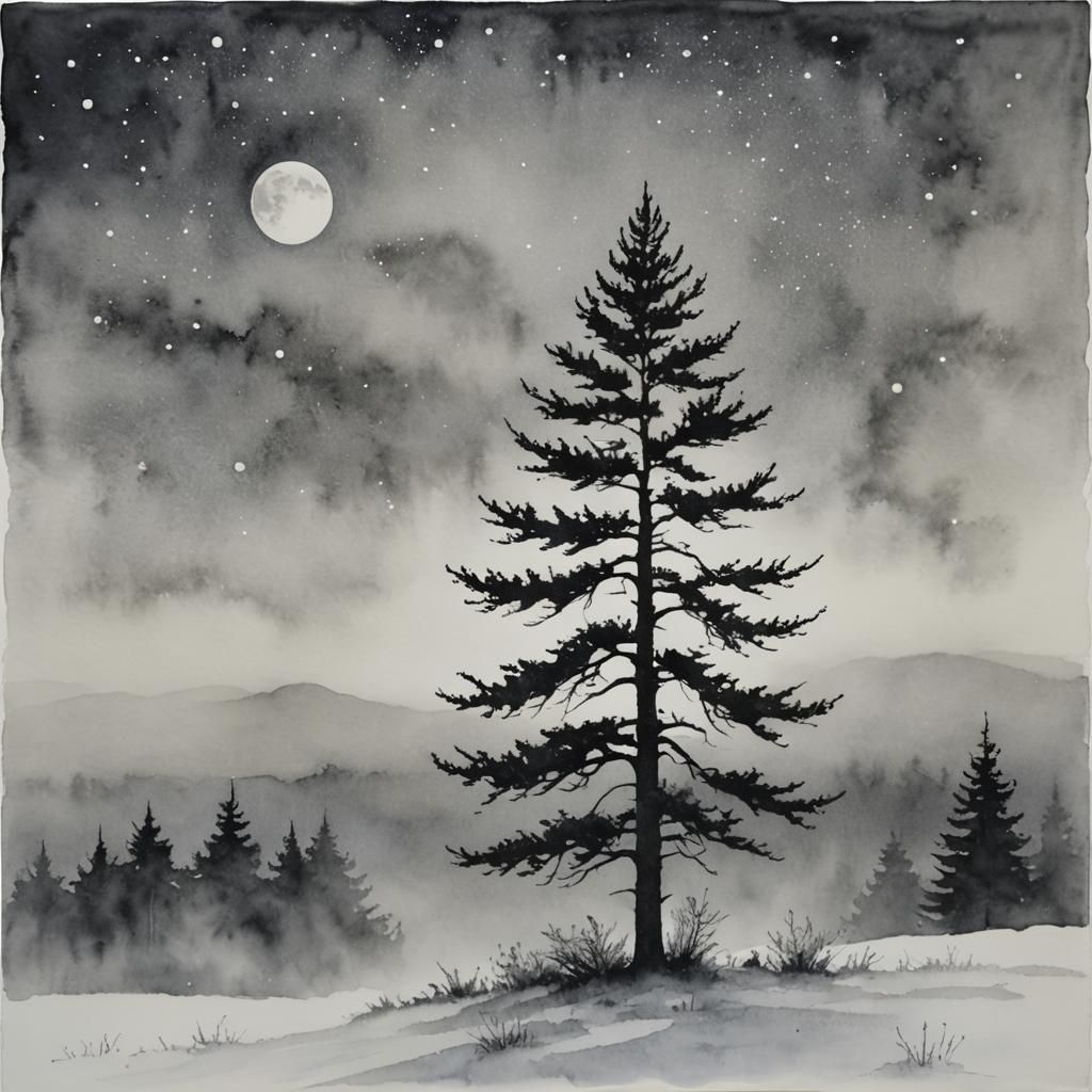 Monochromatic Cedar Tree in Fog, Watercolor Style