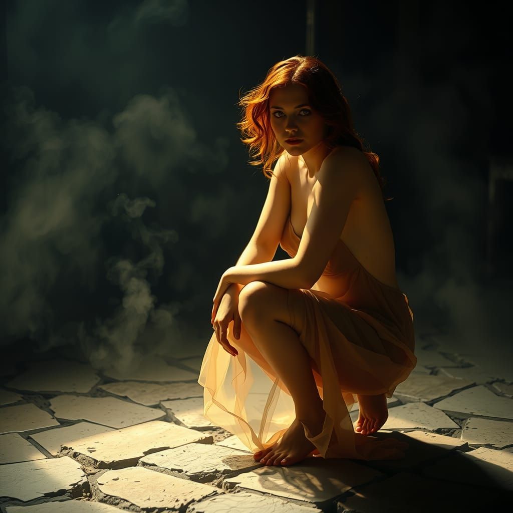 Auburn-Haired Woman in Atmospheric Film Noir Portrait