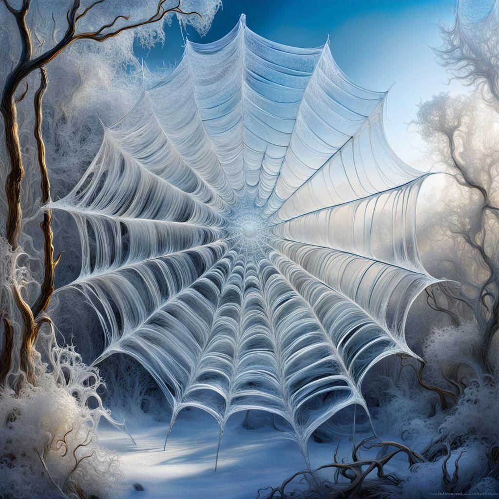 Icy Glass Spiderweb Dreamscape with Quantum Flowers