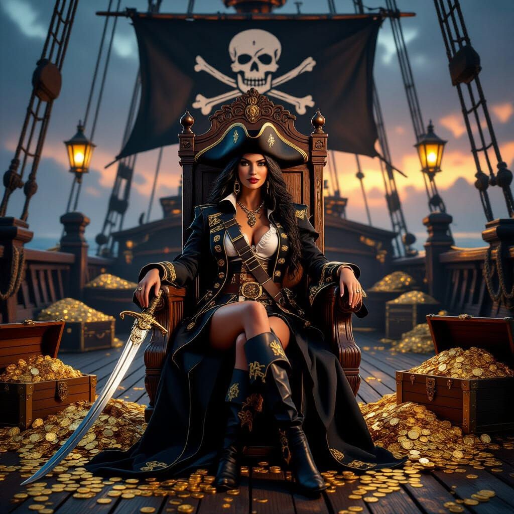 Female Pirate Captain on Throne with Treasure Hoard