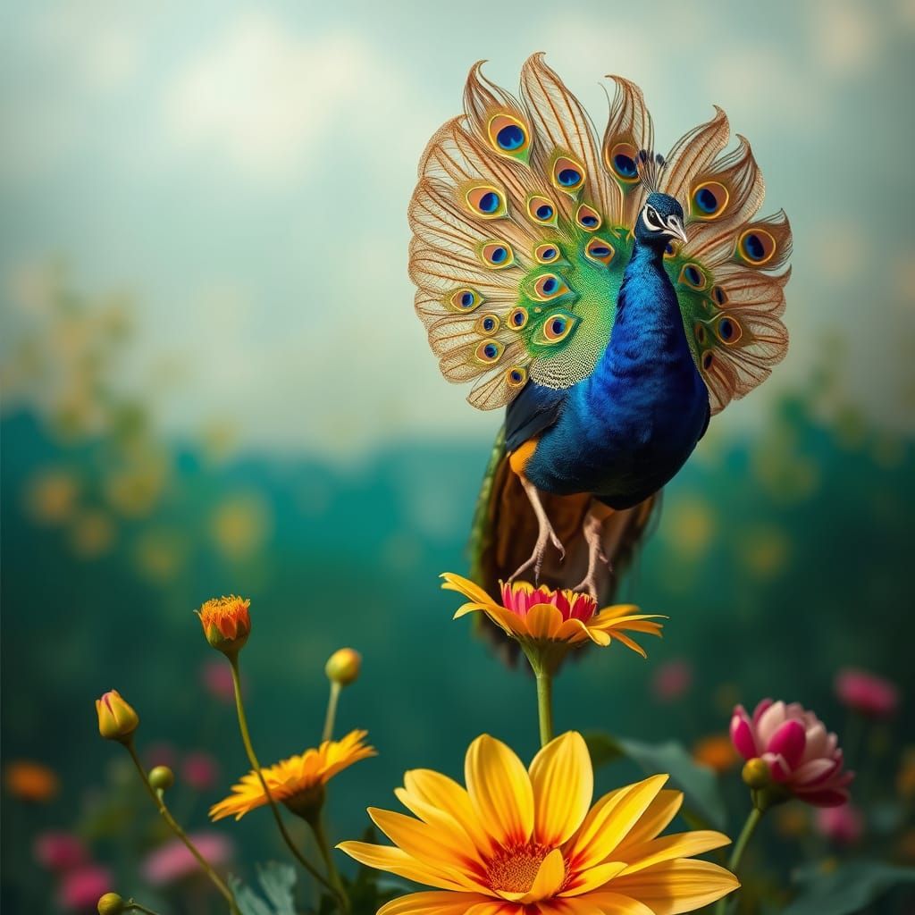 Peacock Landing on Flower in Bizarre Art Style
