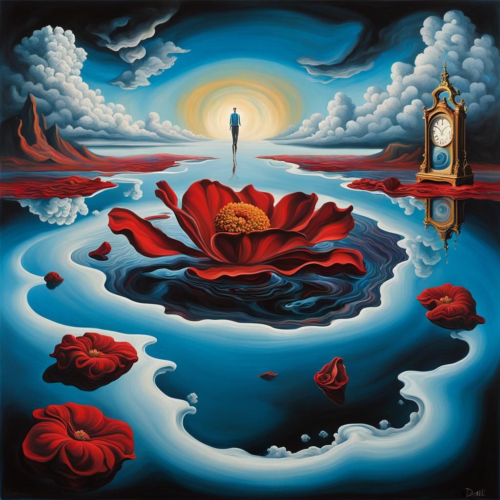 Surreal Flower Descends into Void: A Dreamscape Painting