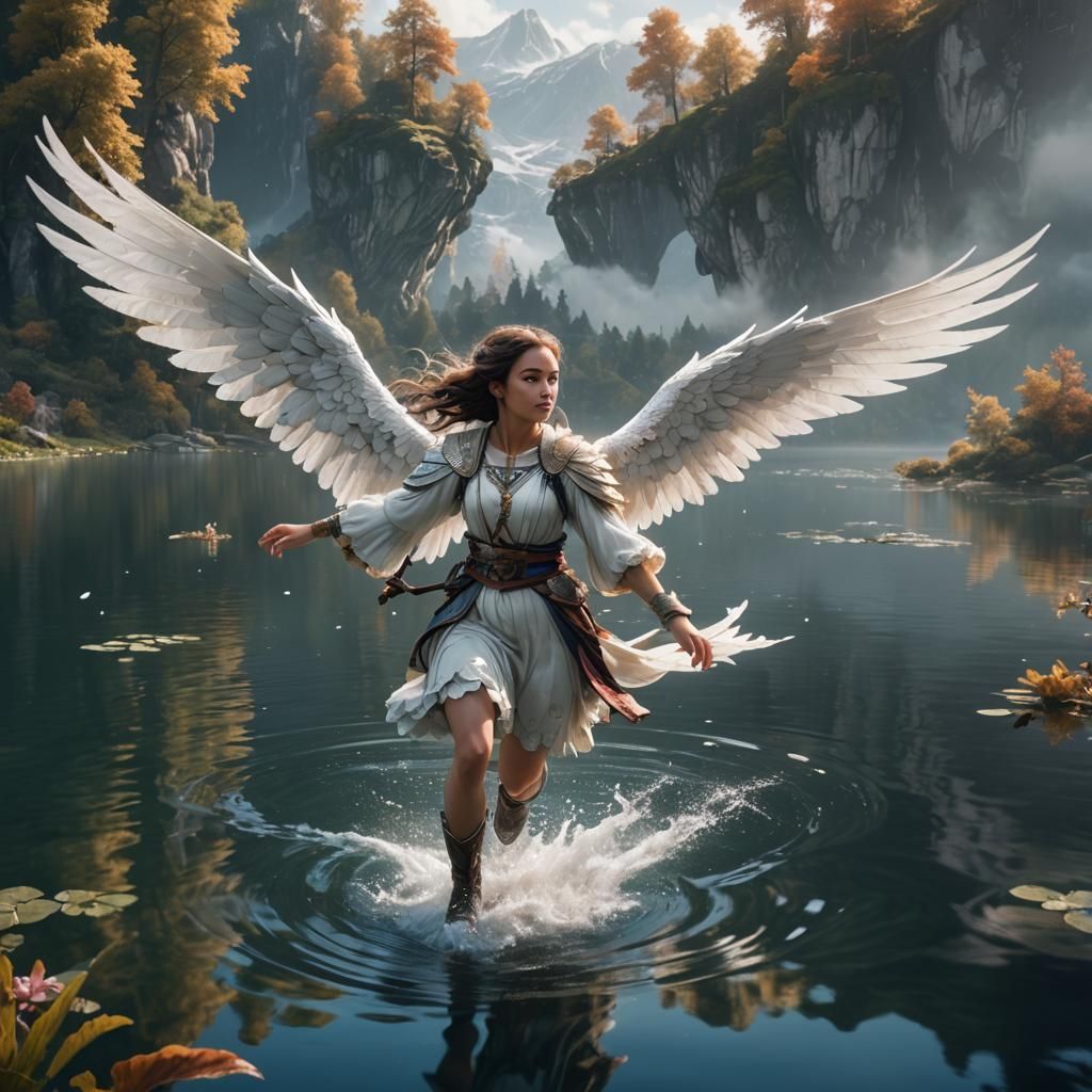 Girl with Wings Flies Over Lake: Fantasy Concept Art
