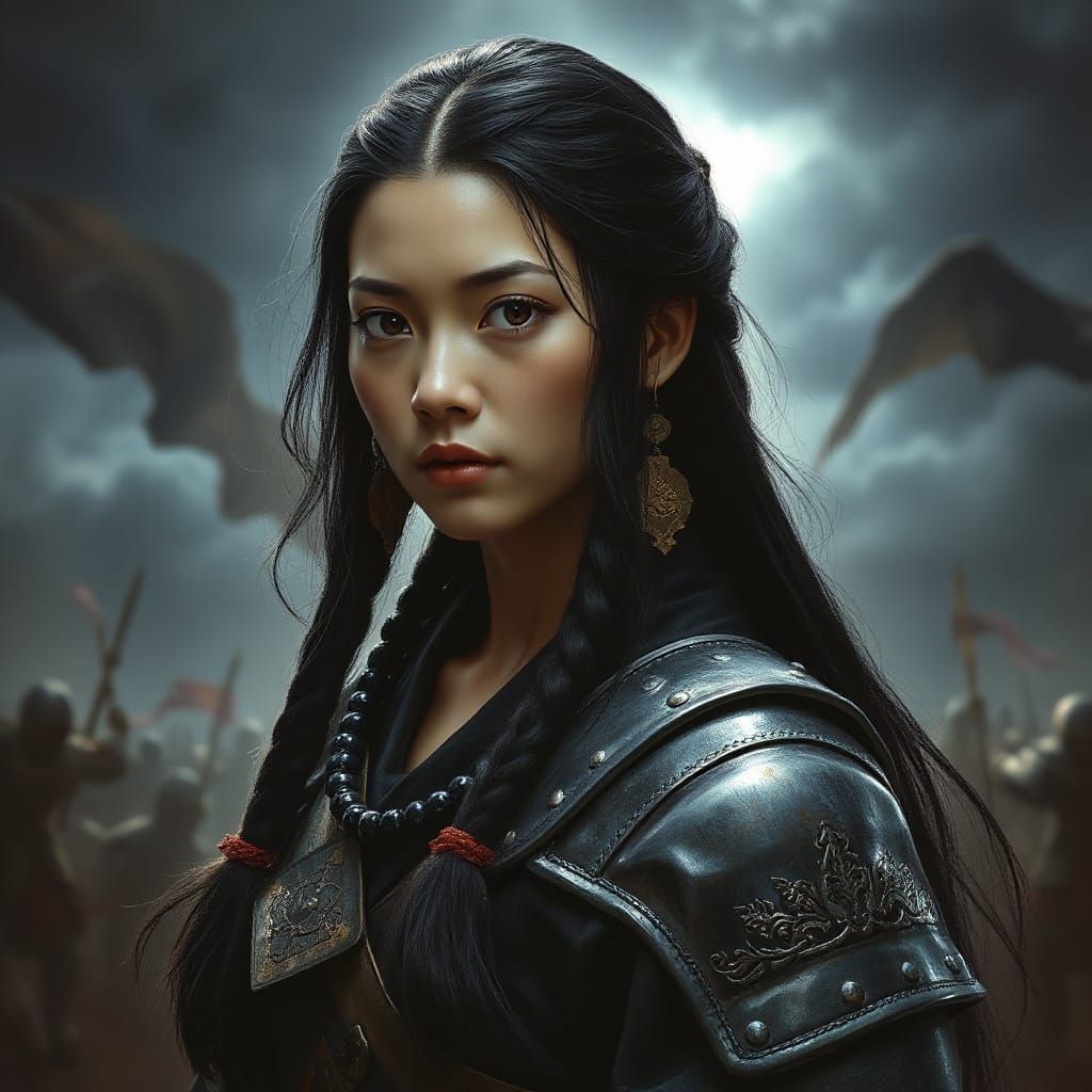 Warrior Queen in Stormy Mystical Battlefield