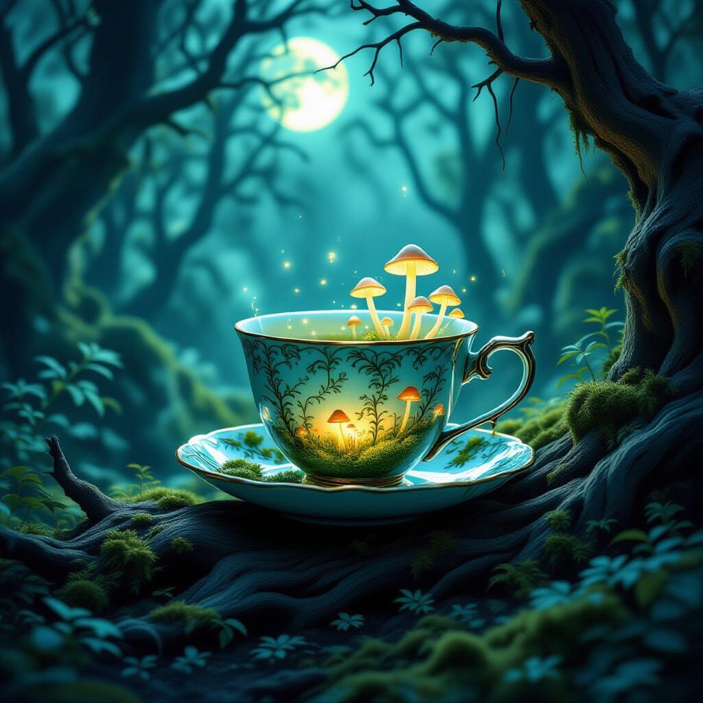 Enchanted Teacup in Moonlight Forest