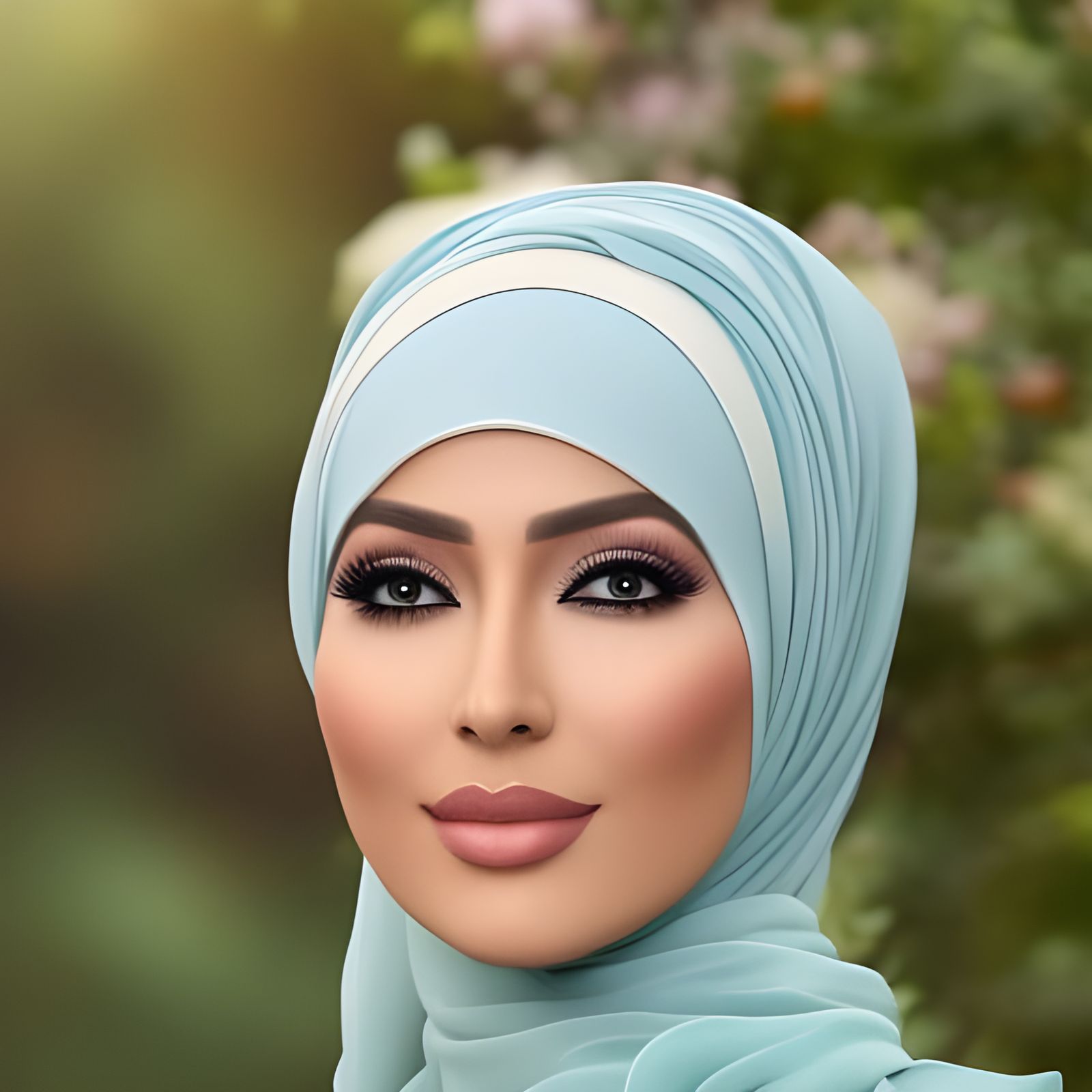 Beautiful Hijabi Woman in Garden: Detailed Digital Painting