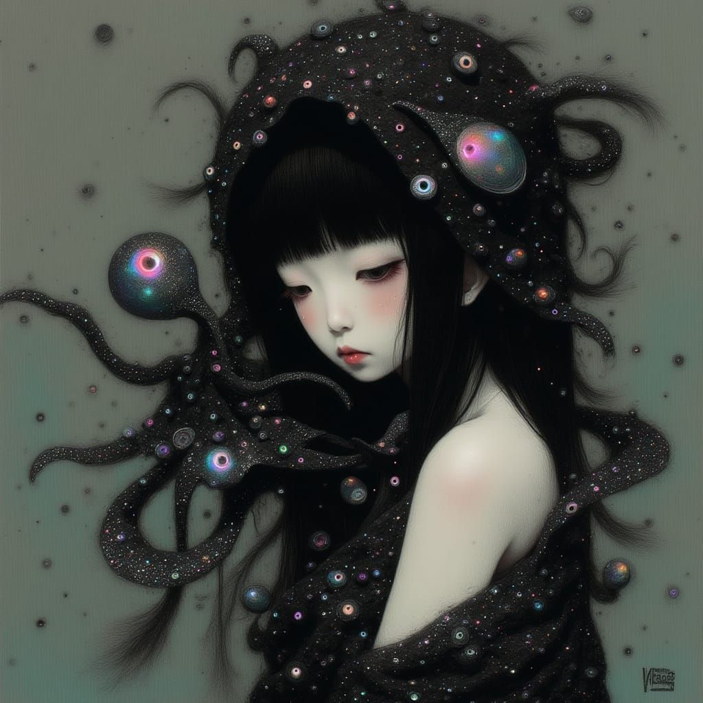 Ethereal Japanese Woman Amidst Tattered Fishing Nets