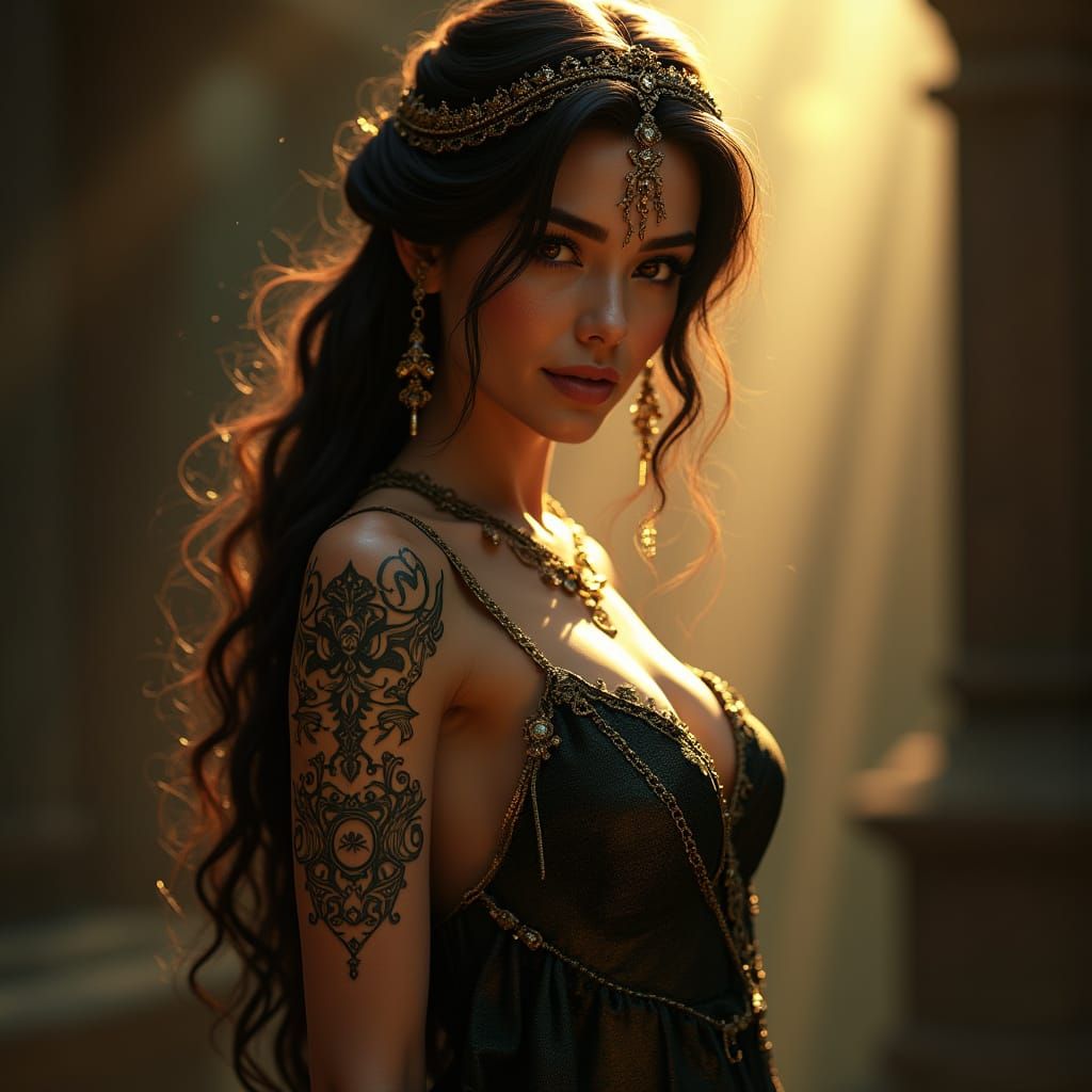 Mysterious Woman with Ancient Runes Tattooed on Her Face