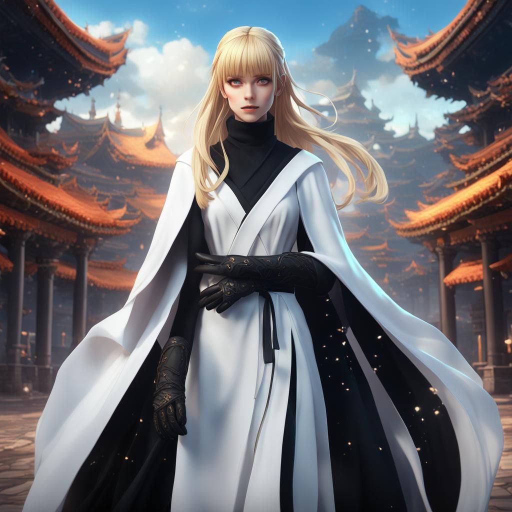 Anime Woman in White Robe with Blonde Hair