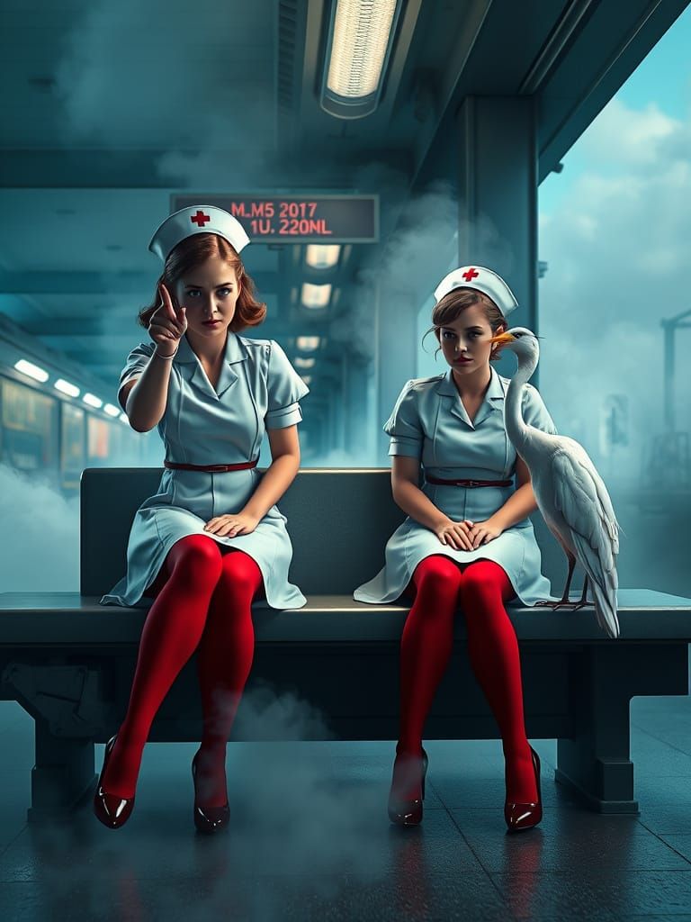 Nurses in Red Stockings on Platform in Photorealistic Style